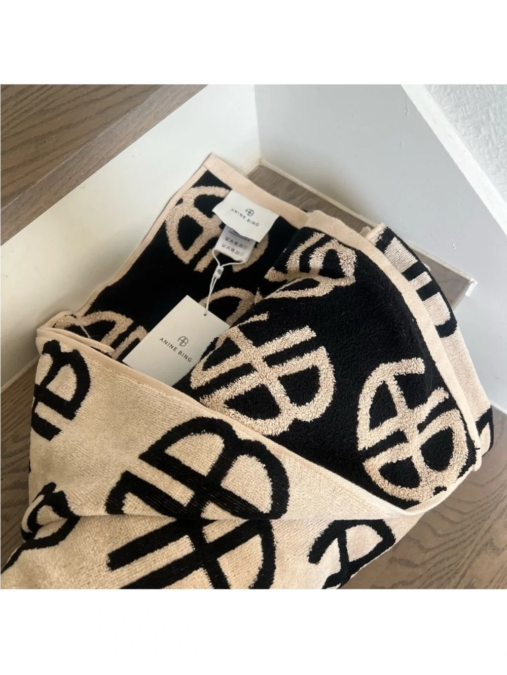 Anine Bing Bahia Towel in Beige and Black Monogram Print NWT